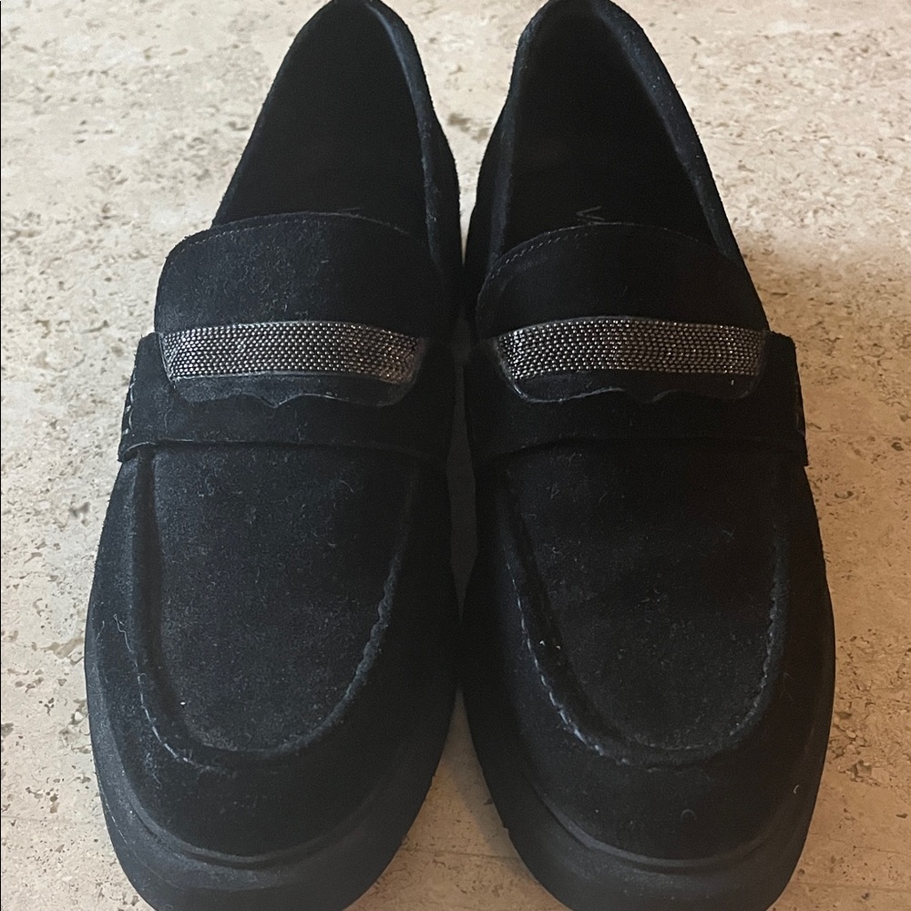 Vaneli Black Suede Loafers with Silver Accent